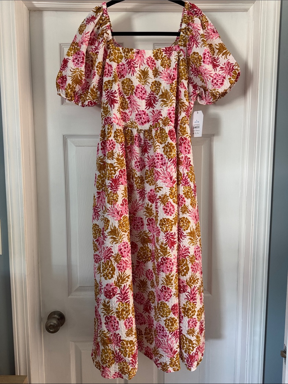 Time and Tru Pink & Mustard Puff Sleeve Midi Dress